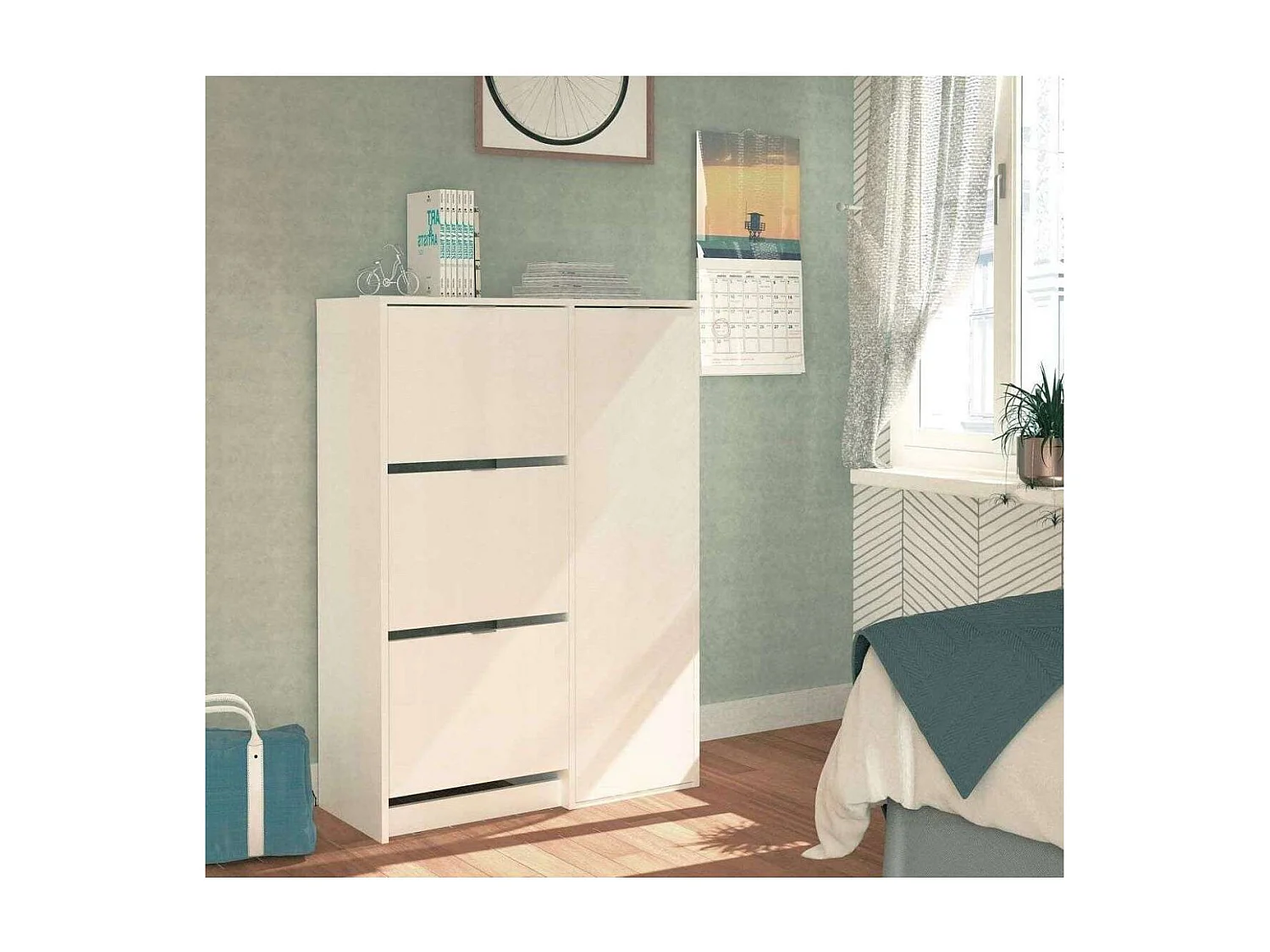 Zapatero 3 trampones y una puerta Trevi en blanco brillo. 85 cm(ancho) 122 cm(altura) 37 c