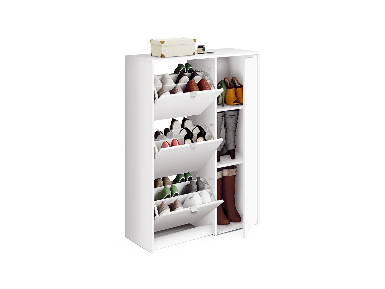 Zapatero 3 trampones y una puerta Trevi en blanco brillo. 85 cm(ancho) 122 cm(altura) 37 c