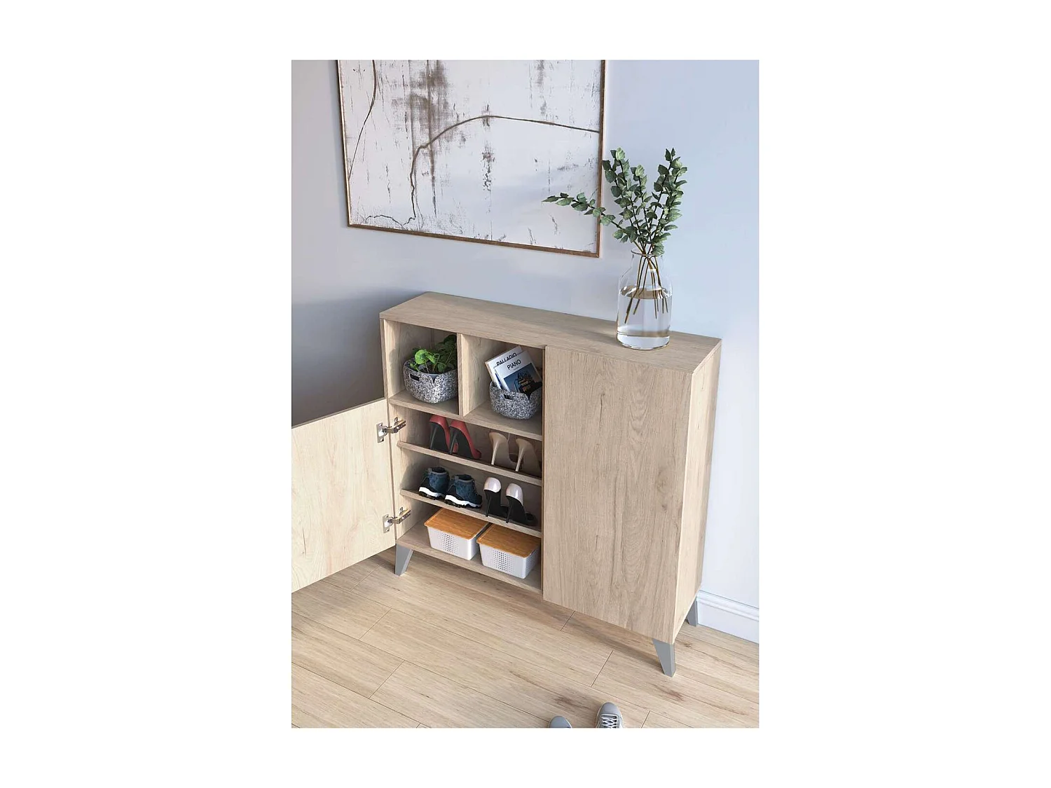 Zapatero modelo 510, acabado roble claro, patas gris, 90x90x26 (alto x ancho x fondo)