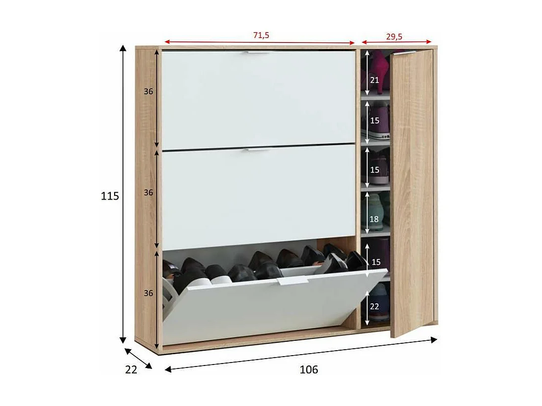 Zapatero con 4 puertas Maty Roble Canadian y Blanco 115 cm (alto) x 106 cm (ancho) x 22 cm