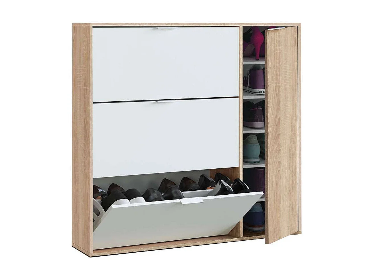 Zapatero con 4 puertas Maty Roble Canadian y Blanco 115 cm (alto) x 106 cm (ancho) x 22 cm