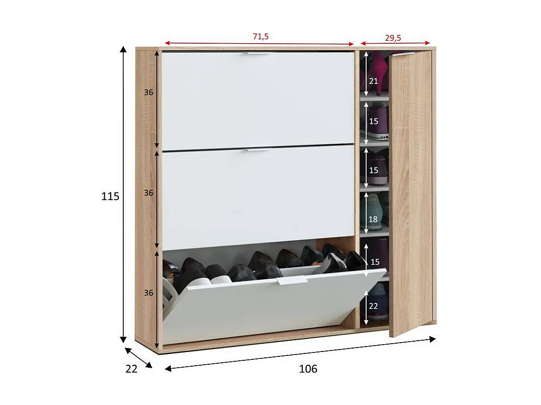 Zapatero con 4 puertas Maty Roble Canadian y Blanco 115 cm (alto) x 106 cm (ancho) x 22 cm