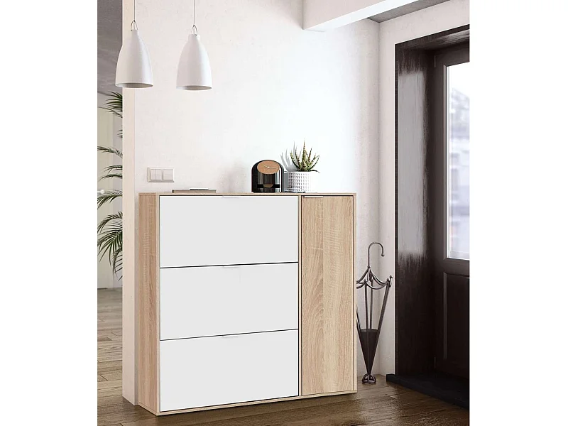 Zapatero con 4 puertas Maty Roble Canadian y Blanco 115 cm (alto) x 106 cm (ancho) x 22 cm