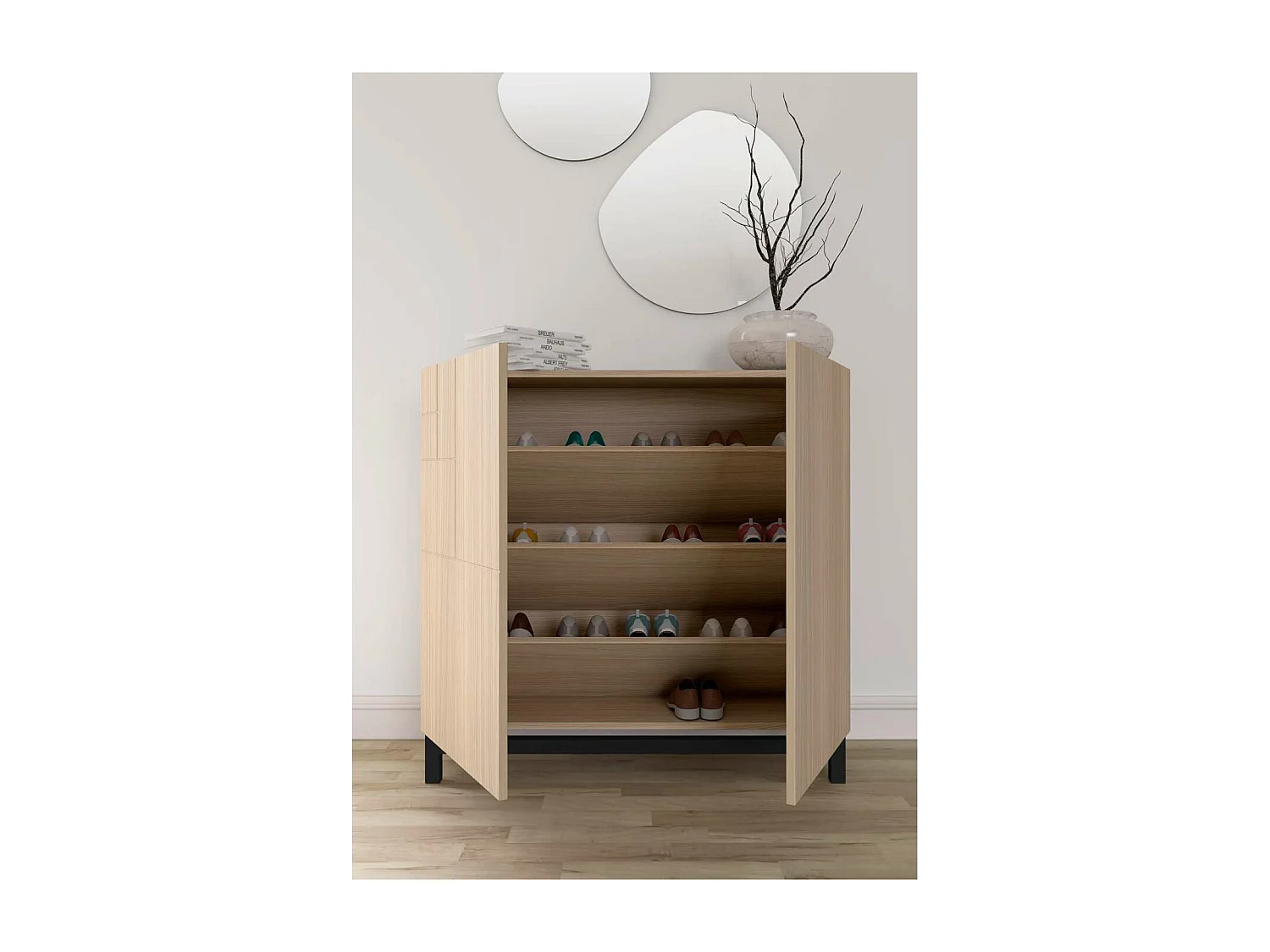 Zapatero 2 puertas modelo 513 acabado nogal oscuro patas negras, 90x90x27 (alto x ancho x