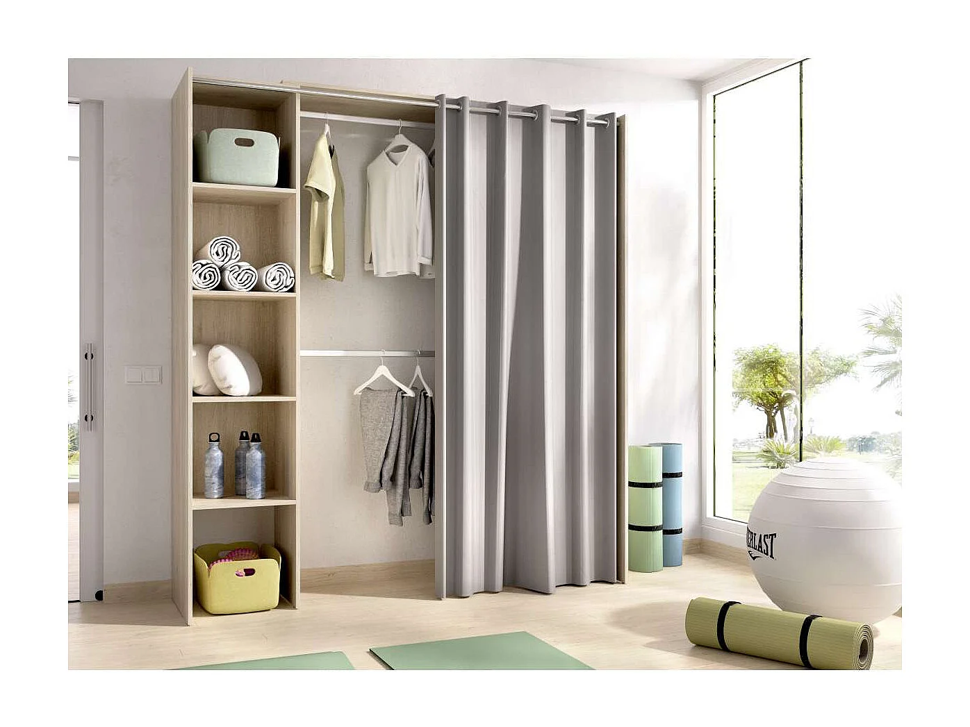 Vestidor Siles para dormitorio con cortina y baldas en natural, 205cm(alto) 180cm(ancho) 5