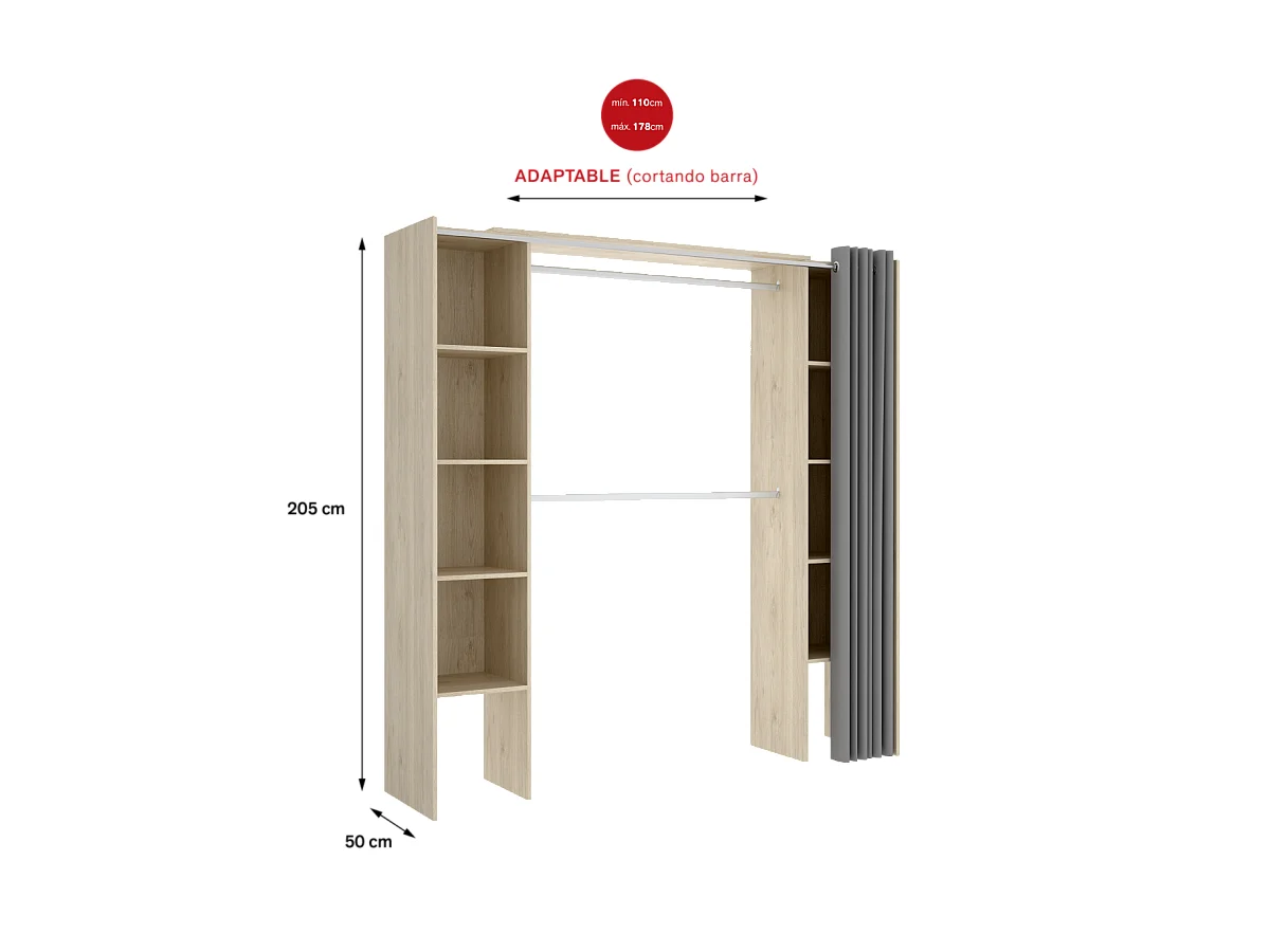 Vestidor Siles para dormitorio con cortina y baldas en natural, 205cm(alto) 180cm(ancho) 5