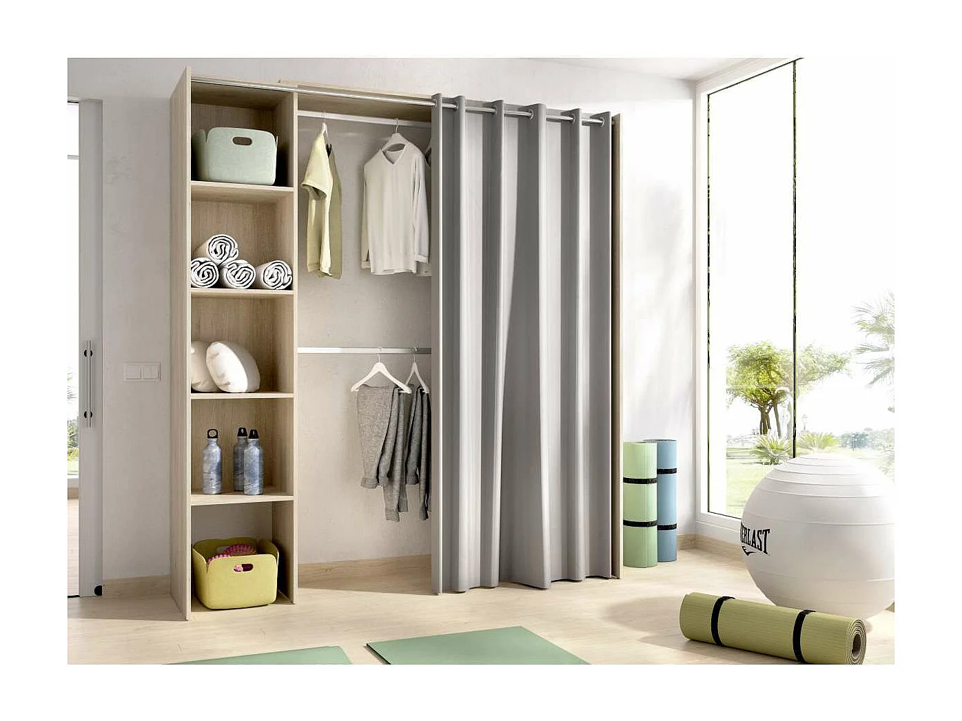 Vestidor Siles para dormitorio con cortina y baldas en natural, 205cm(alto) 180cm(ancho) 5