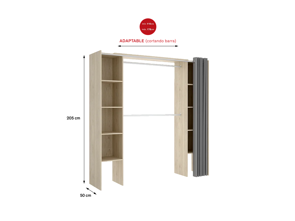 Vestidor Siles para dormitorio con cortina y baldas en natural, 205cm(alto) 180cm(ancho) 5