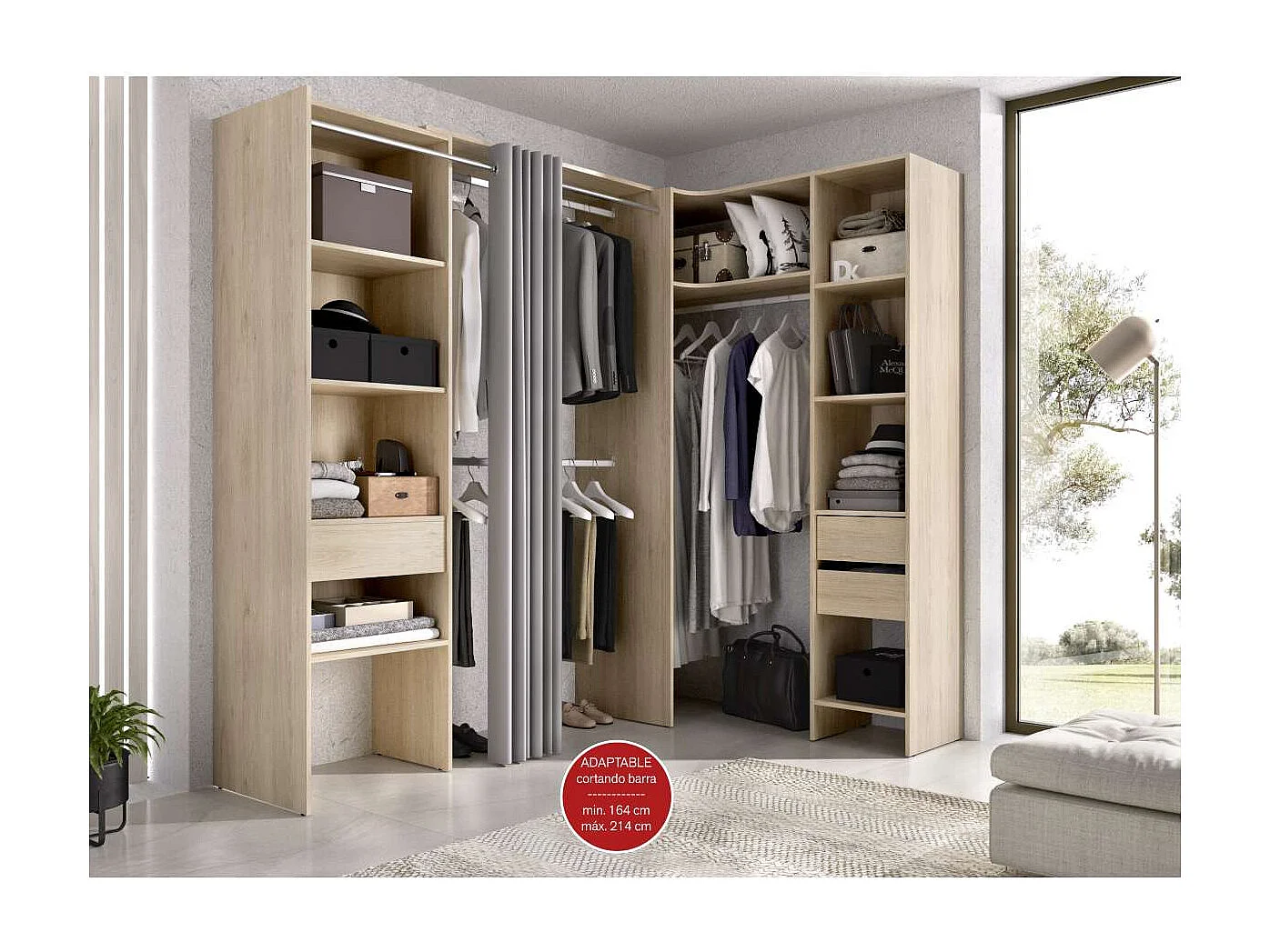 Vestidor de rincón Siles con cortina y cajones acabado natural, 205cm(alto) 214cm(ancho)