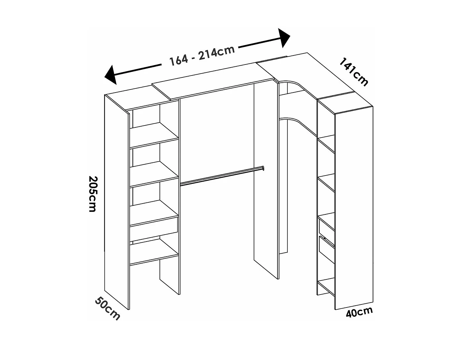 Vestidor de rincón Siles con cortina y cajones acabado natural, 205cm(alto) 214cm(ancho)