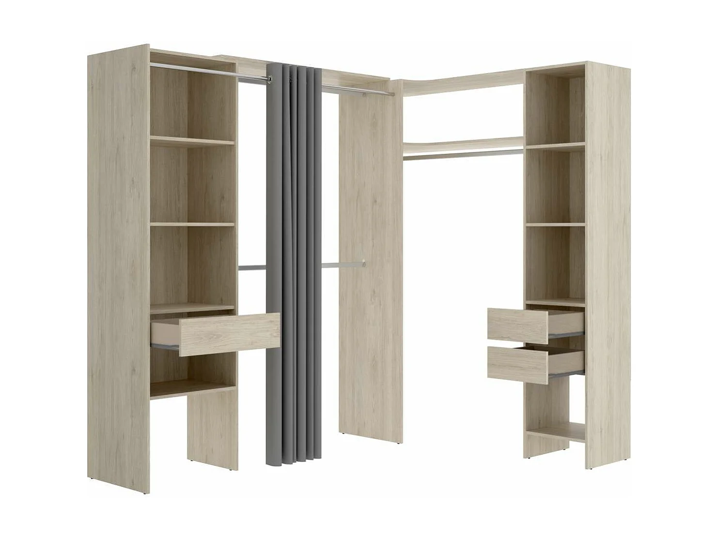 Vestidor de rincón Siles con cortina y cajones acabado natural, 205cm(alto) 214cm(ancho)