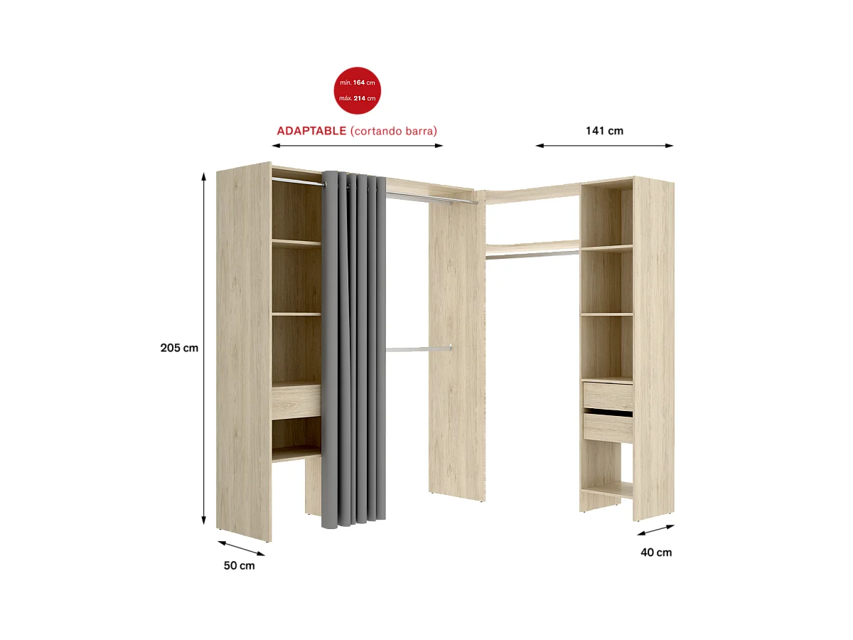Vestidor de rincón Siles con cortina y cajones acabado natural, 205cm(alto) 214cm(ancho)