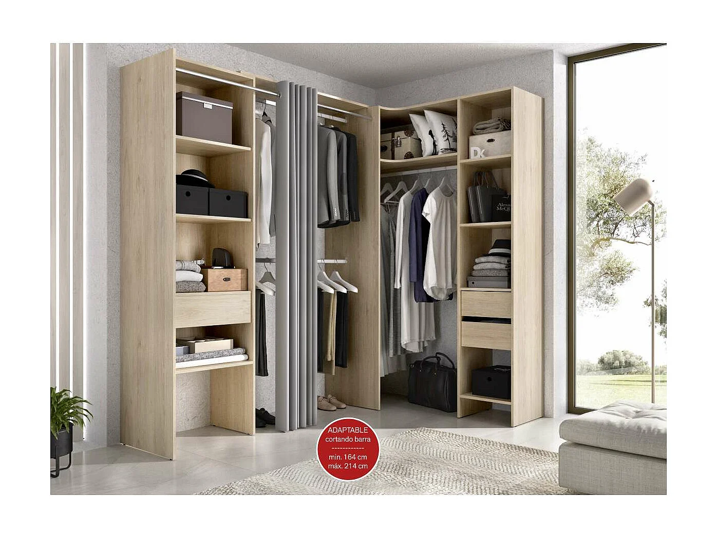 Vestidor de rincón Siles con cortina y cajones acabado natural, 205cm(alto) 214cm(ancho)