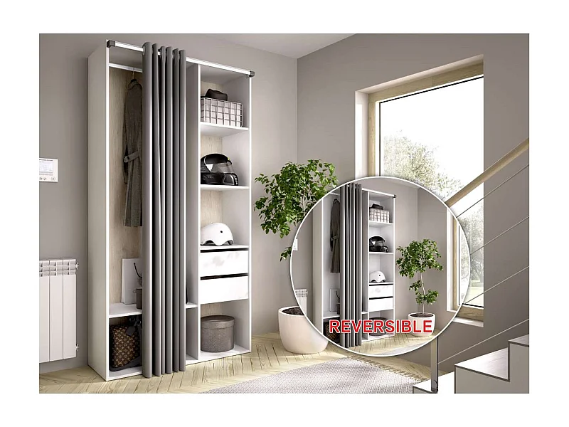 Vestidor Reus 2 cajones, trasera reversible y cortina en blanco/natural, 205cm(alto) 98cm(