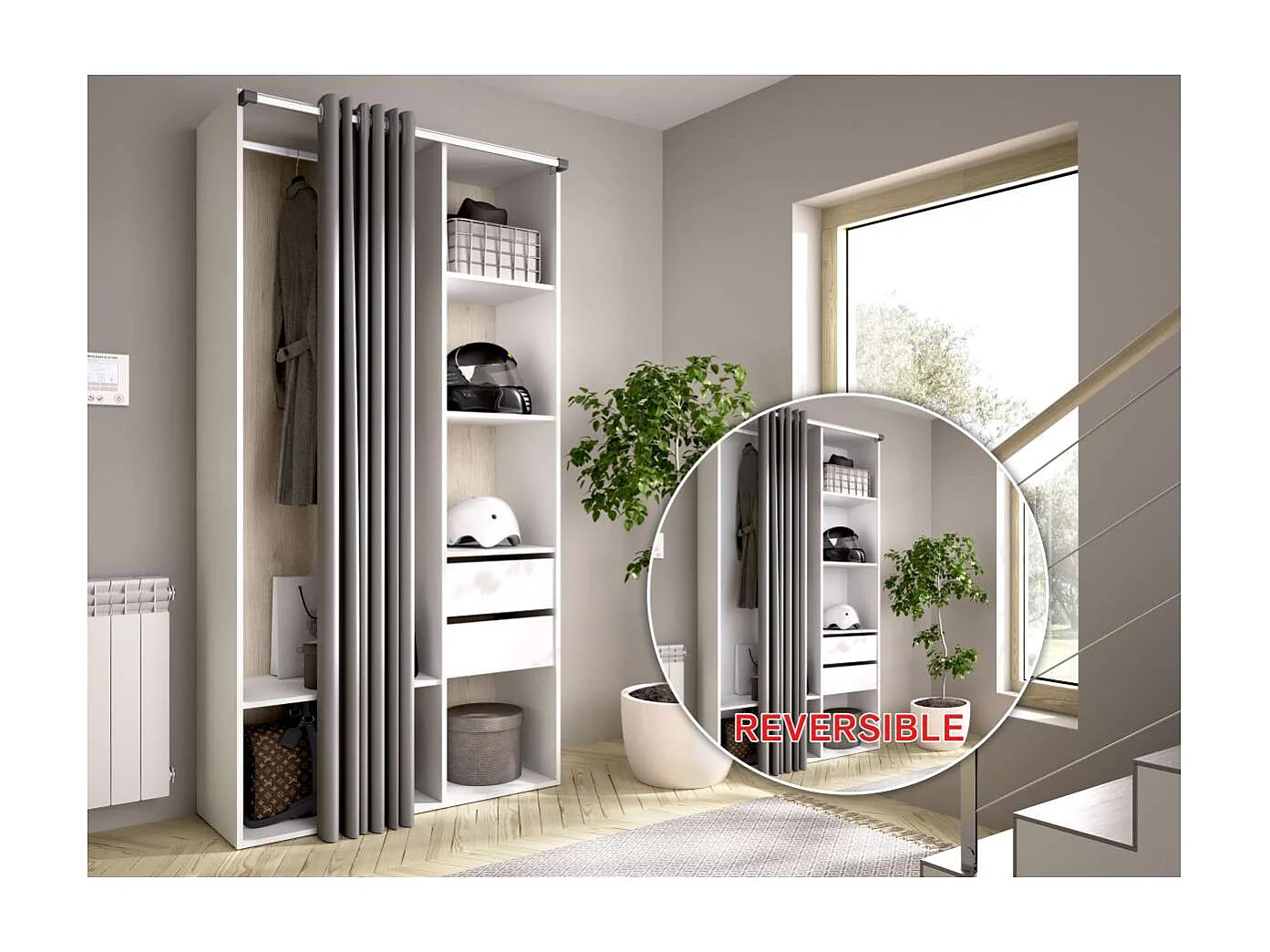 Vestidor Reus 2 cajones, trasera reversible y cortina en blanco/natural, 205cm(alto) 98cm(