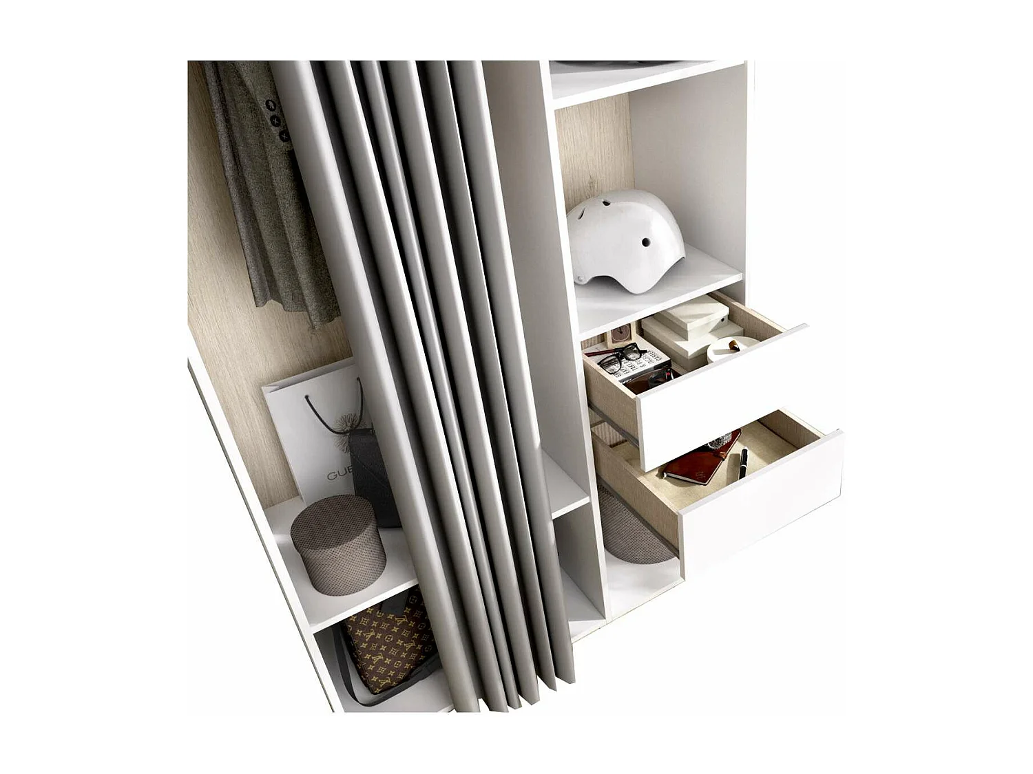 Vestidor Reus 2 cajones, trasera reversible y cortina en blanco/natural, 205cm(alto) 98cm(