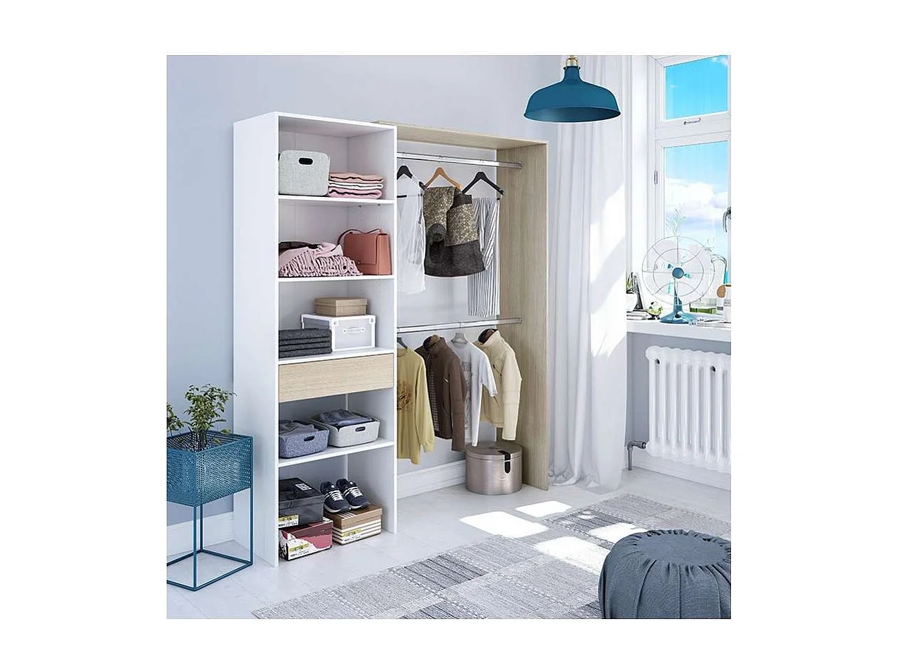 Armario vestidor Elfos con estantes y un cajón y 2 barras de colgar blanco roble 187 cm a