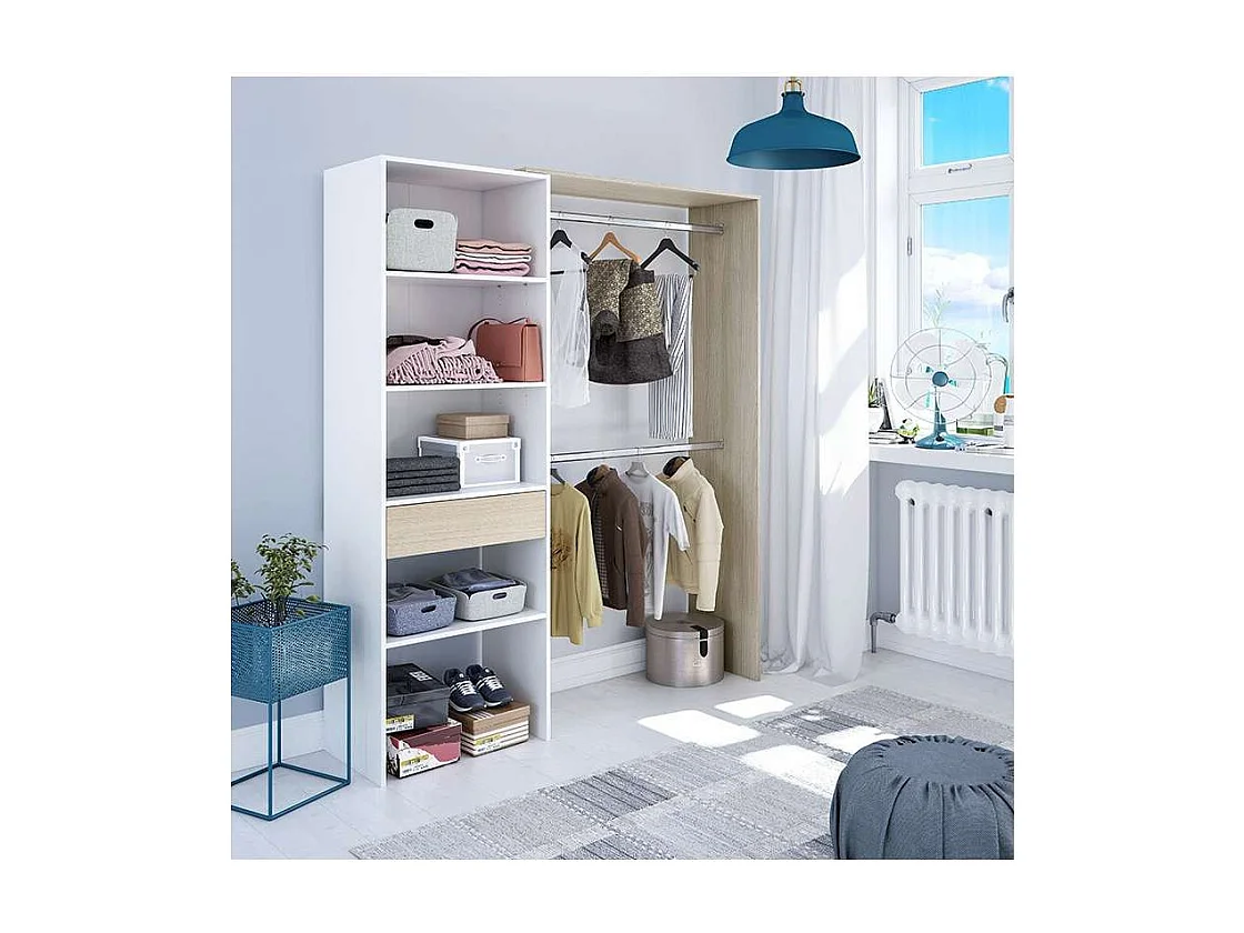 Armario vestidor Elfos con estantes y un cajón y 2 barras de colgar blanco roble 187 cm a