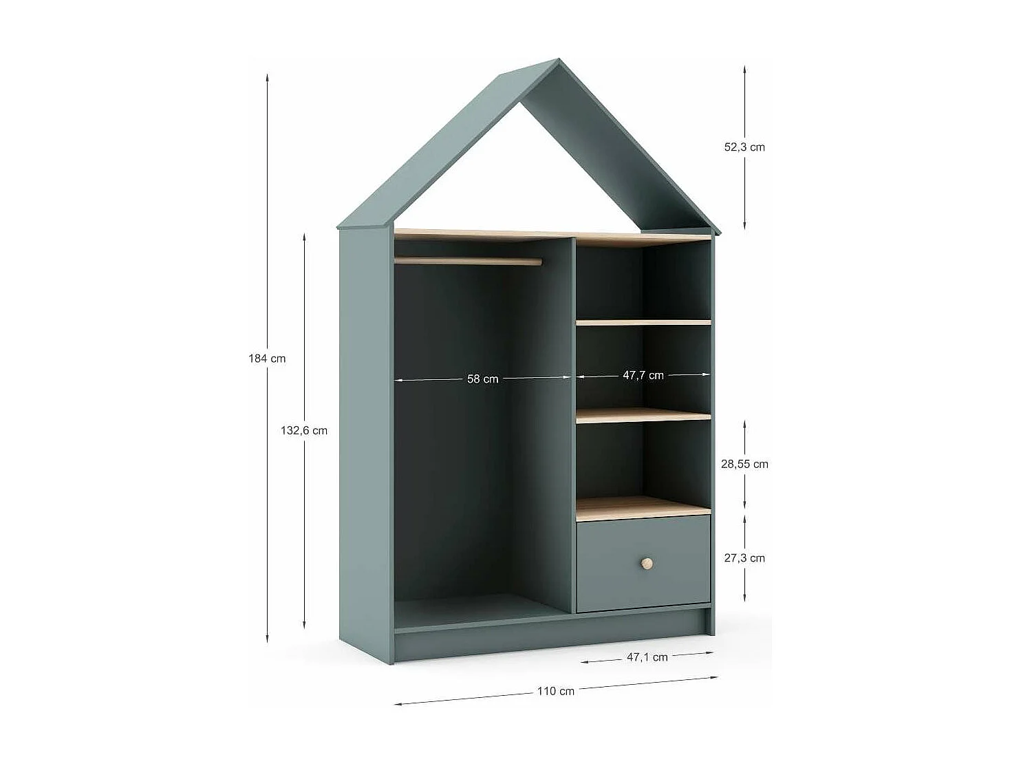 Vestidor juvenil tipo casita Estela 3 huecos y 1 cajón en verde kaki/cera blanca, 180cm(a