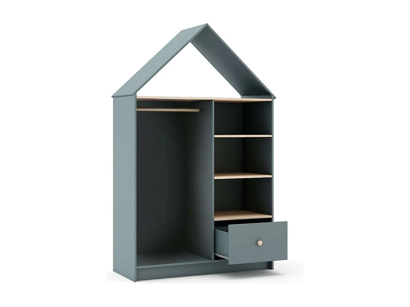 Vestidor juvenil tipo casita Estela 3 huecos y 1 cajón en verde kaki/cera blanca, 180cm(a