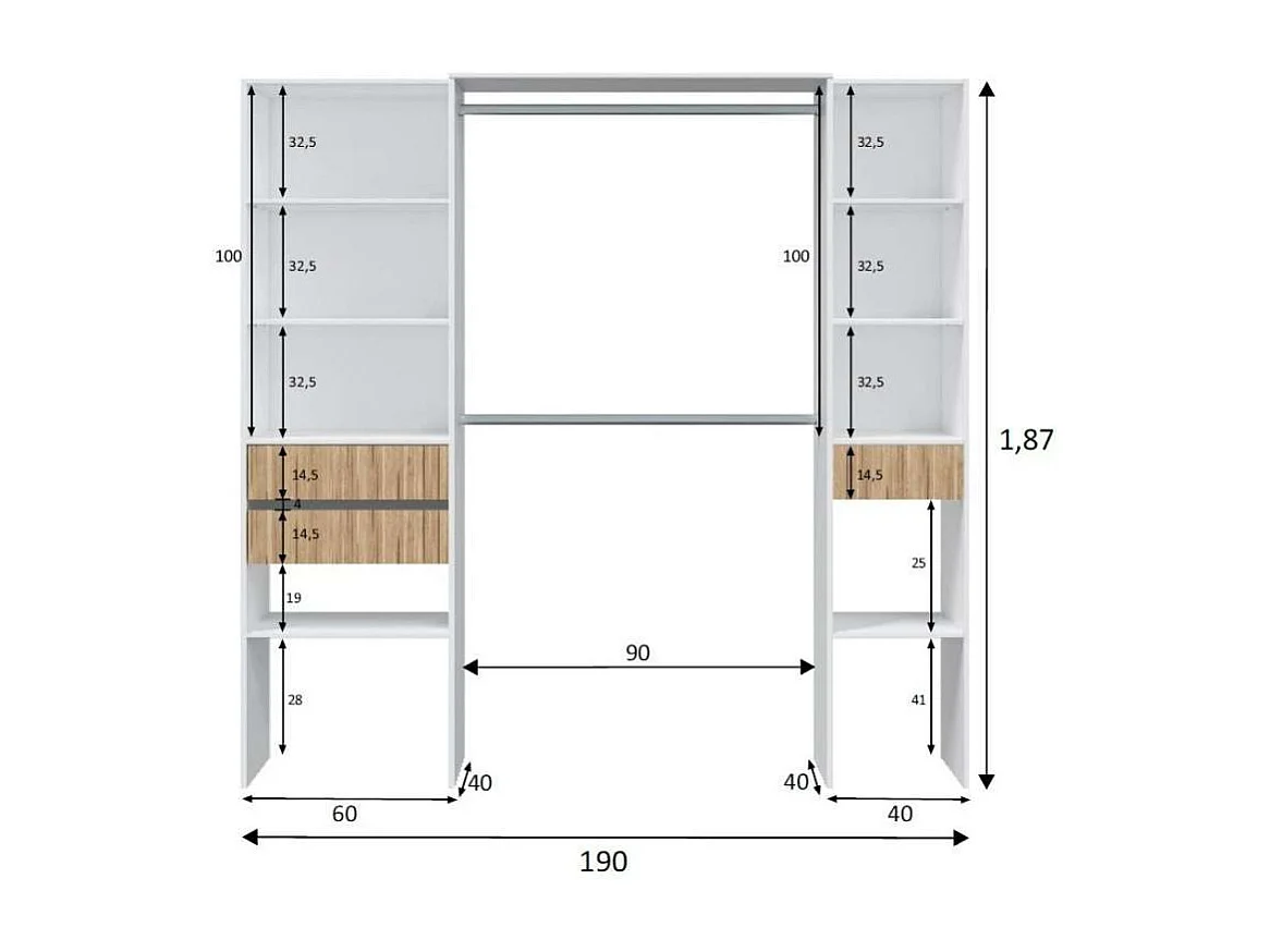 Armario vestidor Tempo con 3 cajones y 2 barras de colgar color blanco/natur. 187 cm alto