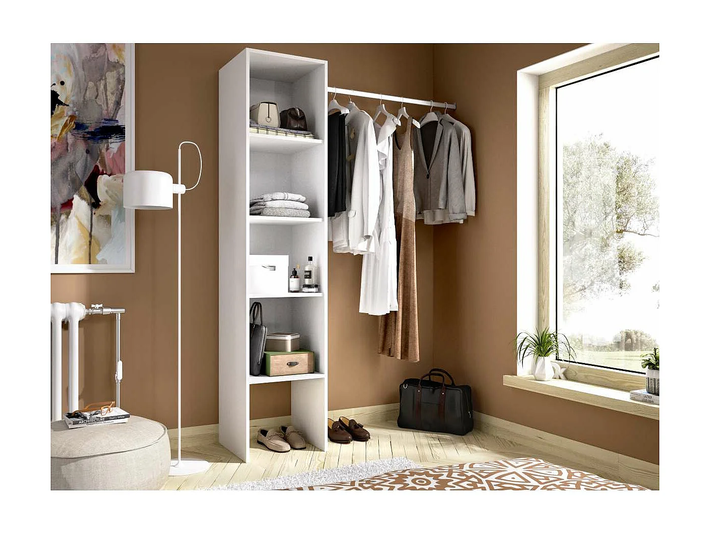 Vestidor Reus con estantes y barra de colgar en blanco, 185cm(alto) 138cm(ancho) 40cm(fond