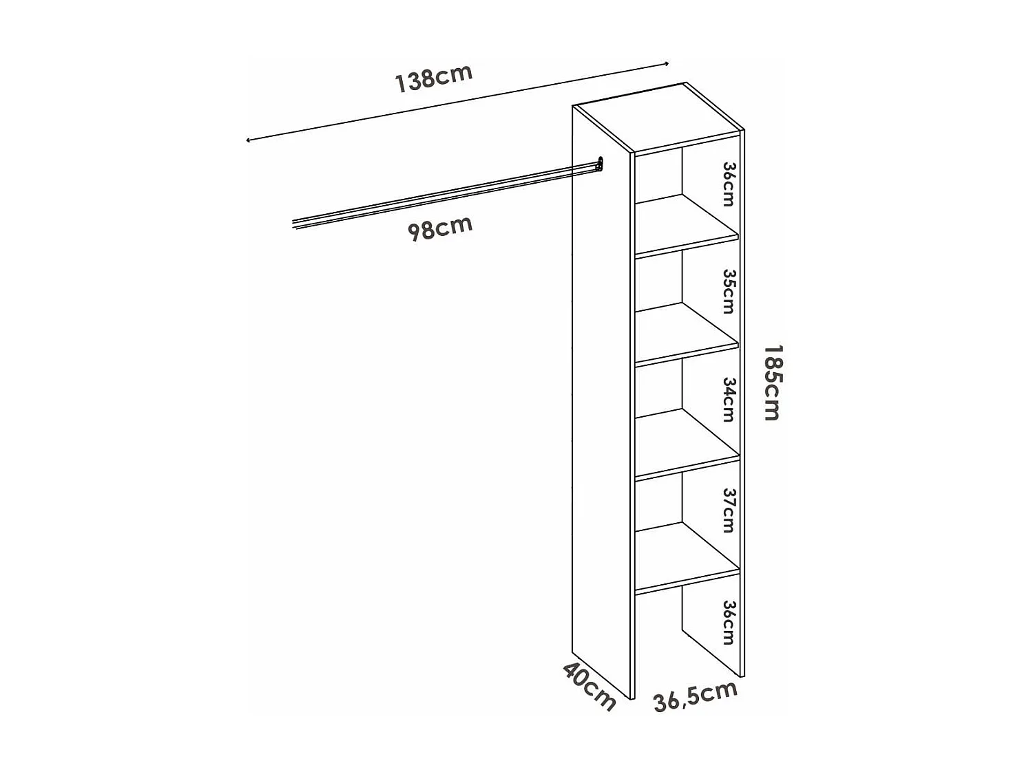Vestidor Reus con estantes y barra de colgar en blanco, 185cm(alto) 138cm(ancho) 40cm(fond