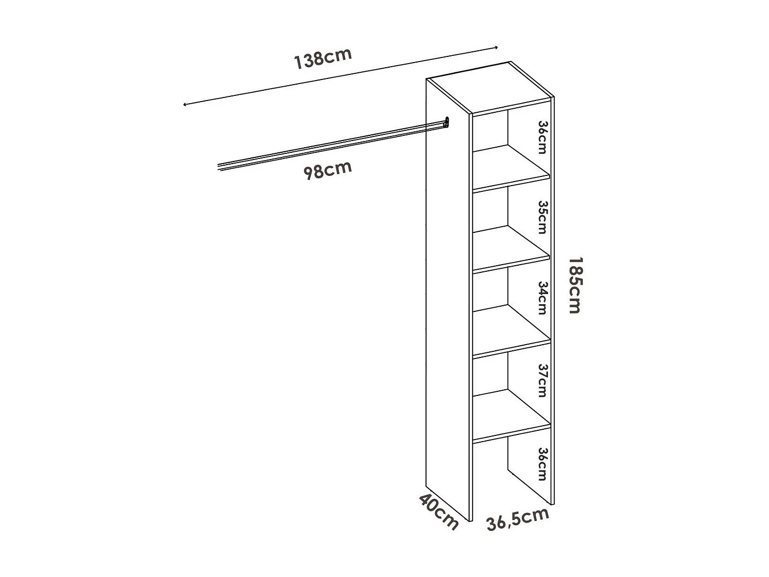 Vestidor Reus con estantes y barra de colgar en blanco, 185cm(alto) 138cm(ancho) 40cm(fond