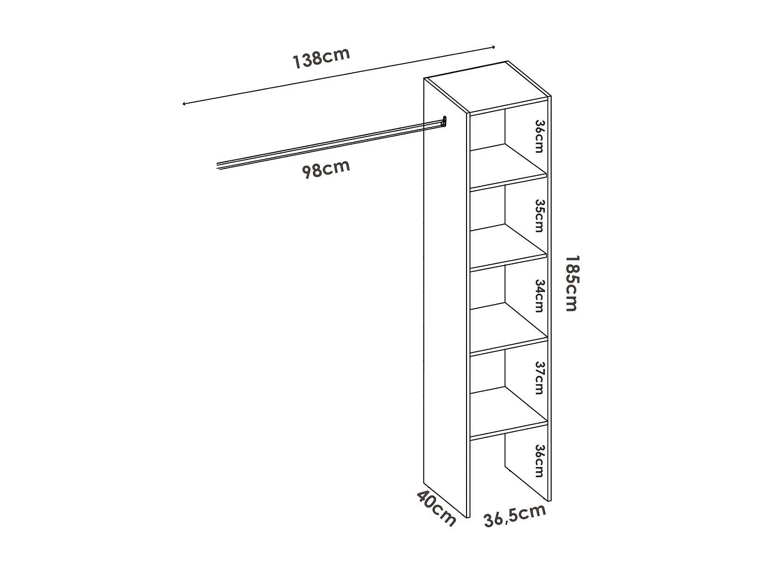 Vestidor Reus con estantes y barra de colgar en blanco, 185cm(alto) 138cm(ancho) 40cm(fond