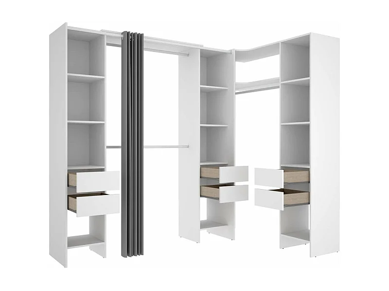 Vestidor de rincón Siles con cortina y 6 cajones acabado blanco, 205cm(alto) 234cm(ancho)