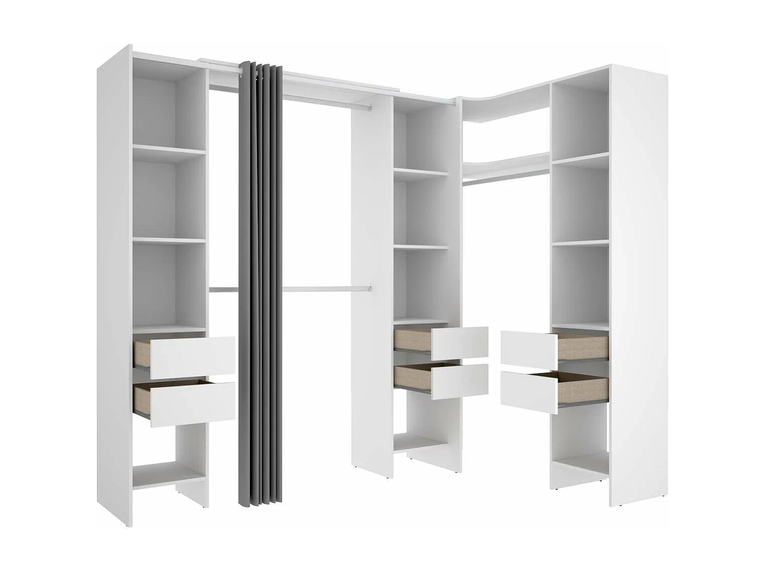 Vestidor de rincón Siles con cortina y 6 cajones acabado blanco, 205cm(alto) 234cm(ancho)