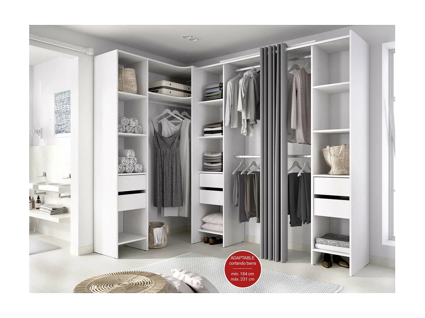 Vestidor de rincón Siles con cortina y 6 cajones acabado blanco, 205cm(alto) 234cm(ancho)