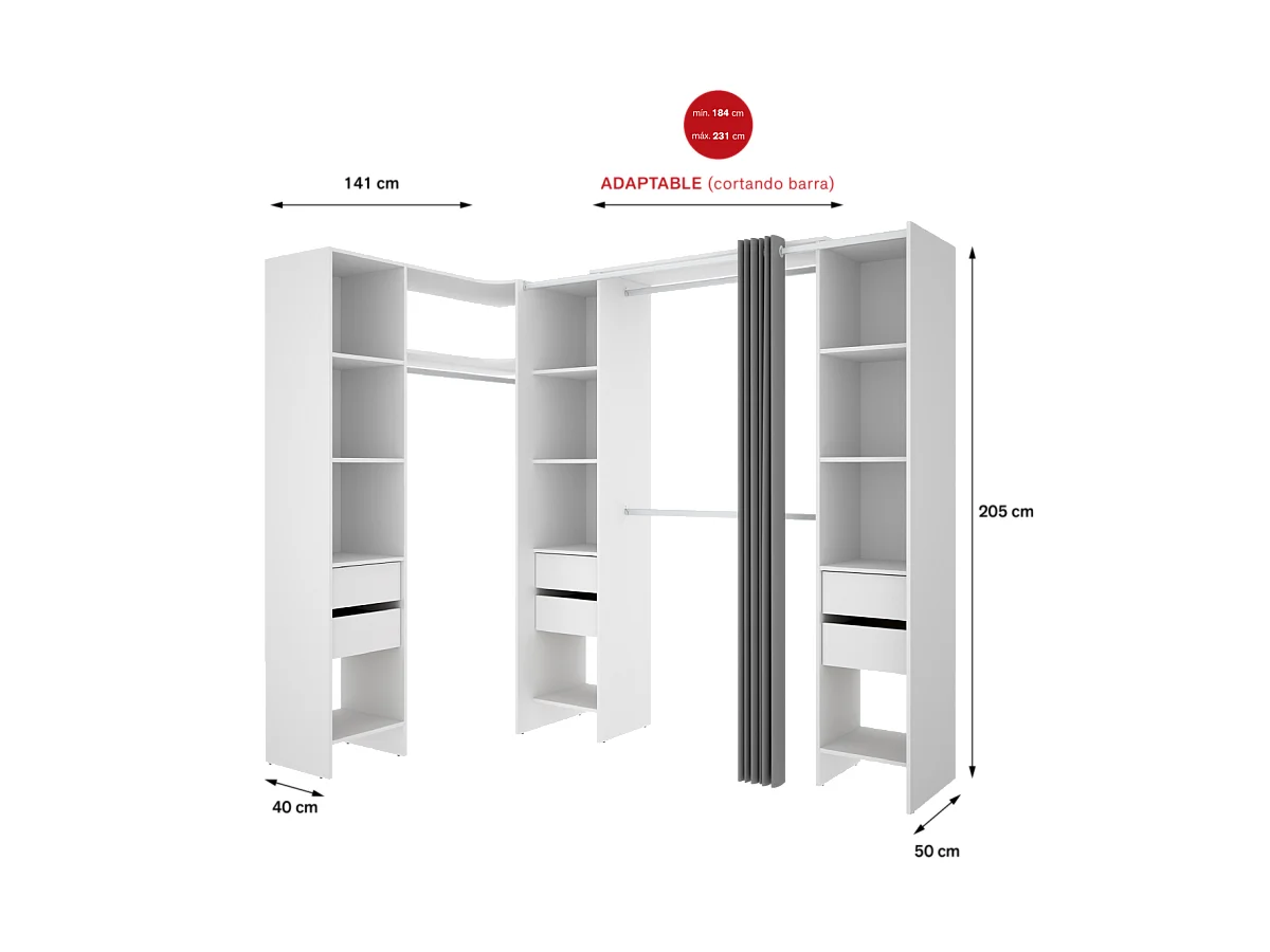 Vestidor de rincón Siles con cortina y 6 cajones acabado blanco, 205cm(alto) 234cm(ancho)