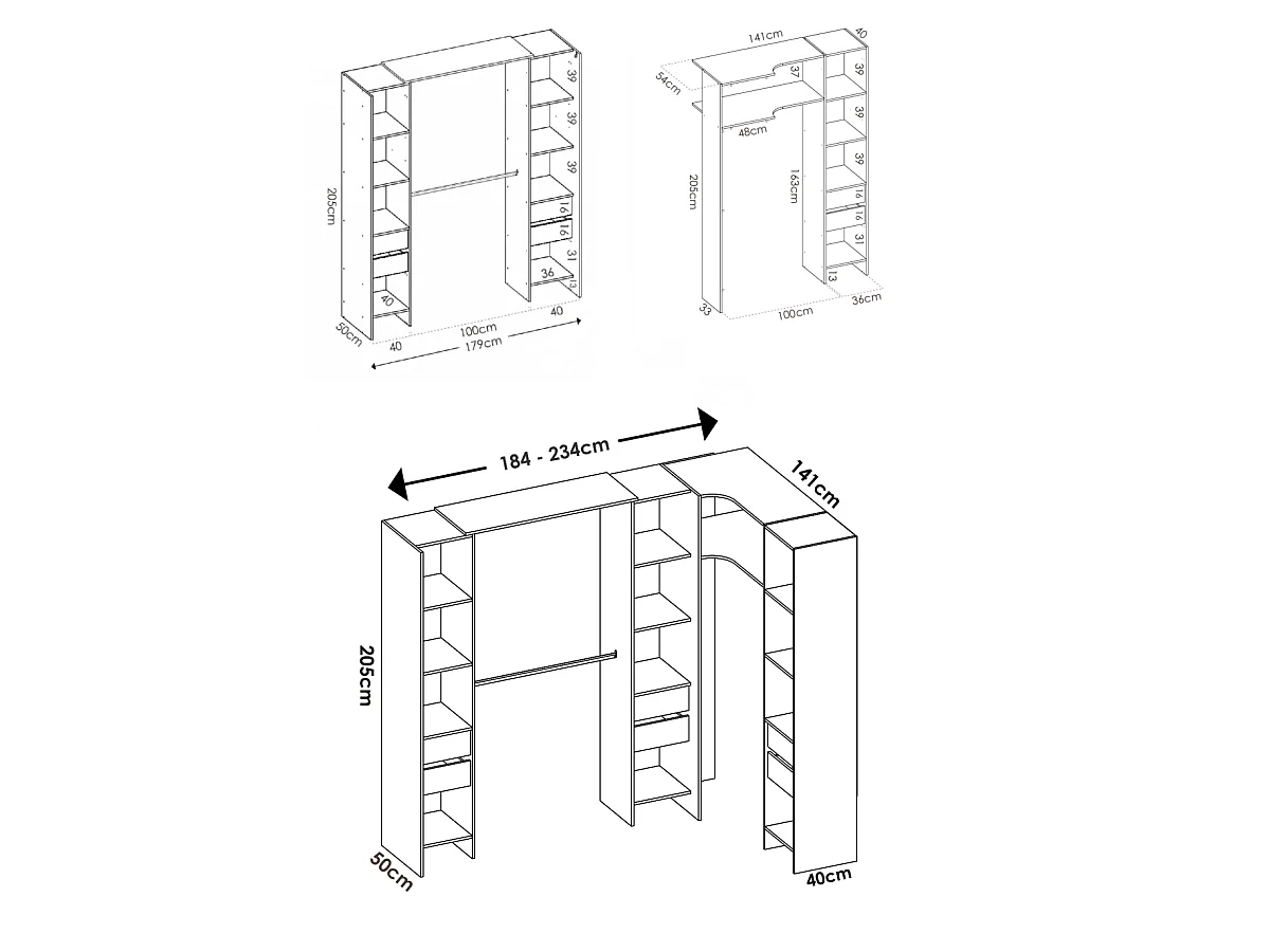 Vestidor de rincón Siles con cortina y 6 cajones acabado blanco, 205cm(alto) 234cm(ancho)