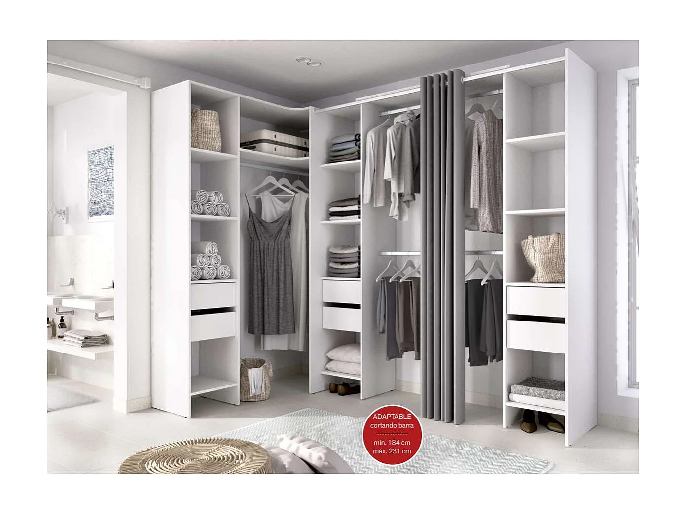 Vestidor de rincón Siles con cortina y 6 cajones acabado blanco, 205cm(alto) 234cm(ancho)