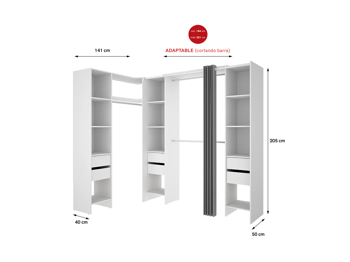 Vestidor de rincón Siles con cortina y 6 cajones acabado blanco, 205cm(alto) 234cm(ancho)