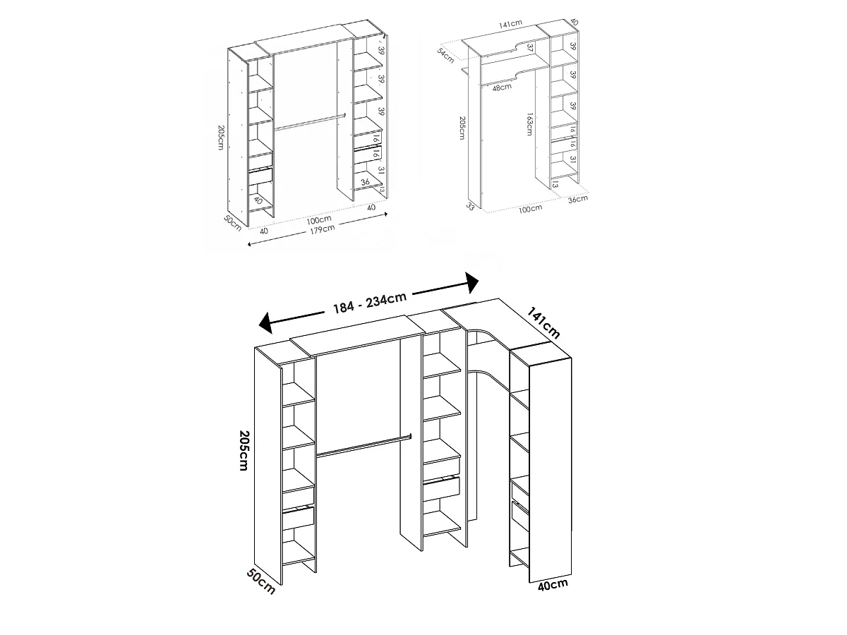 Vestidor de rincón Siles con cortina y 6 cajones acabado blanco, 205cm(alto) 234cm(ancho)