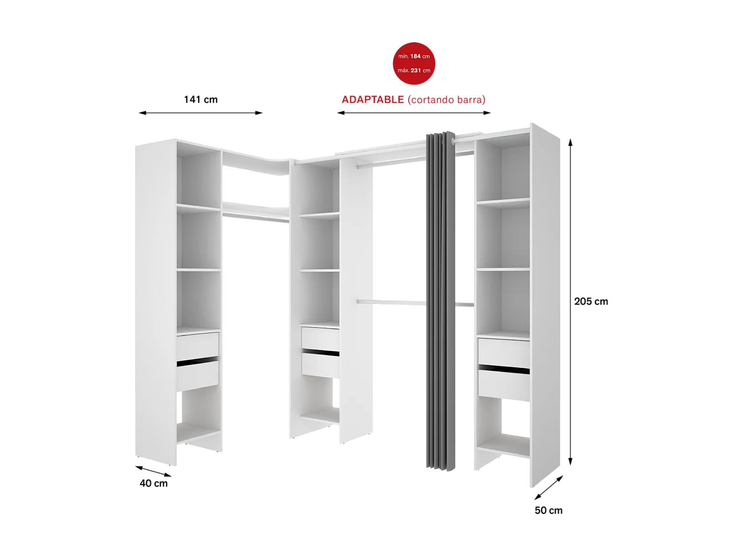 Vestidor de rincón Siles con cortina y 6 cajones acabado blanco, 205cm(alto) 234cm(ancho)