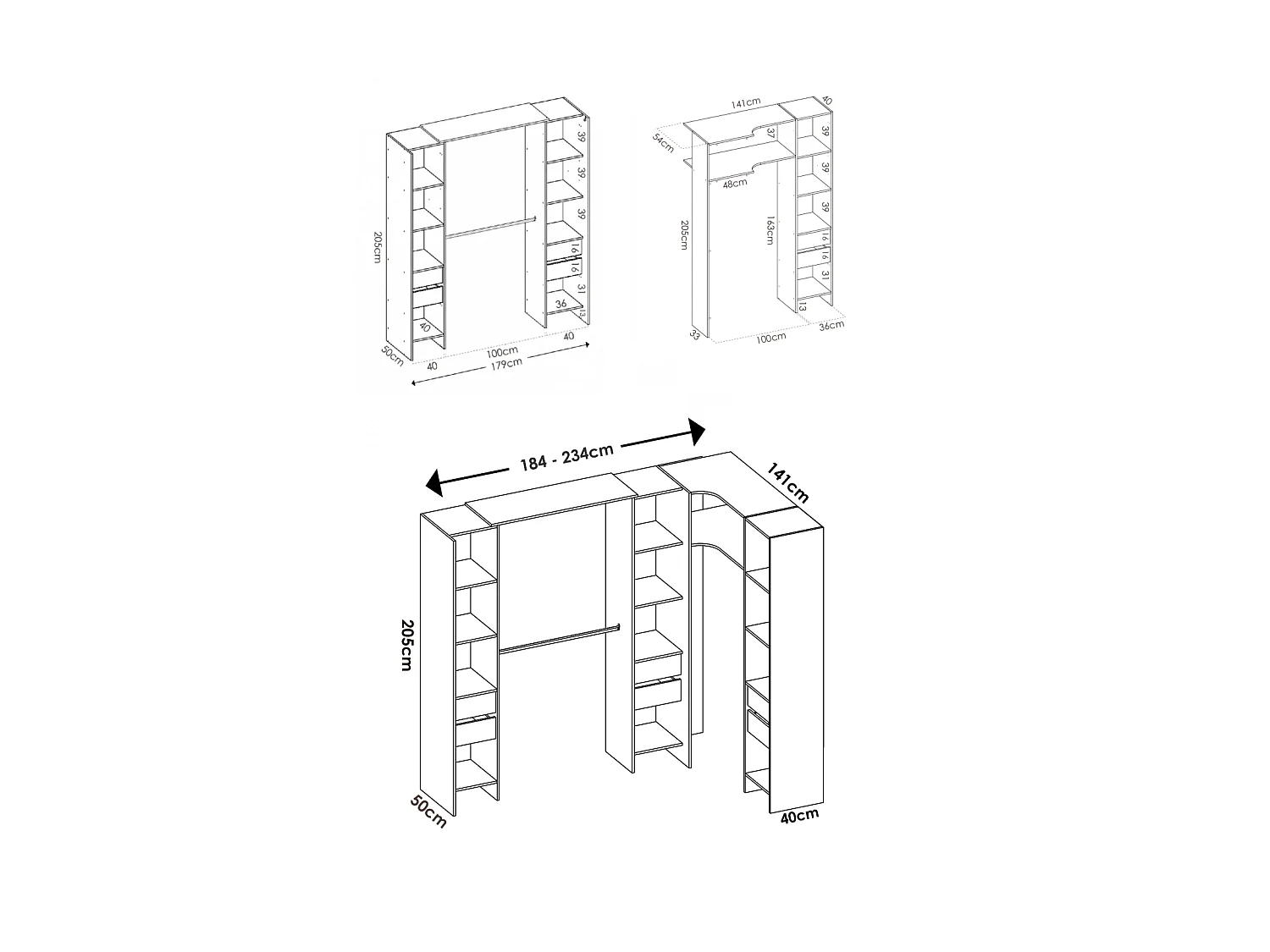 Vestidor de rincón Siles con cortina y 6 cajones acabado blanco, 205cm(alto) 234cm(ancho)