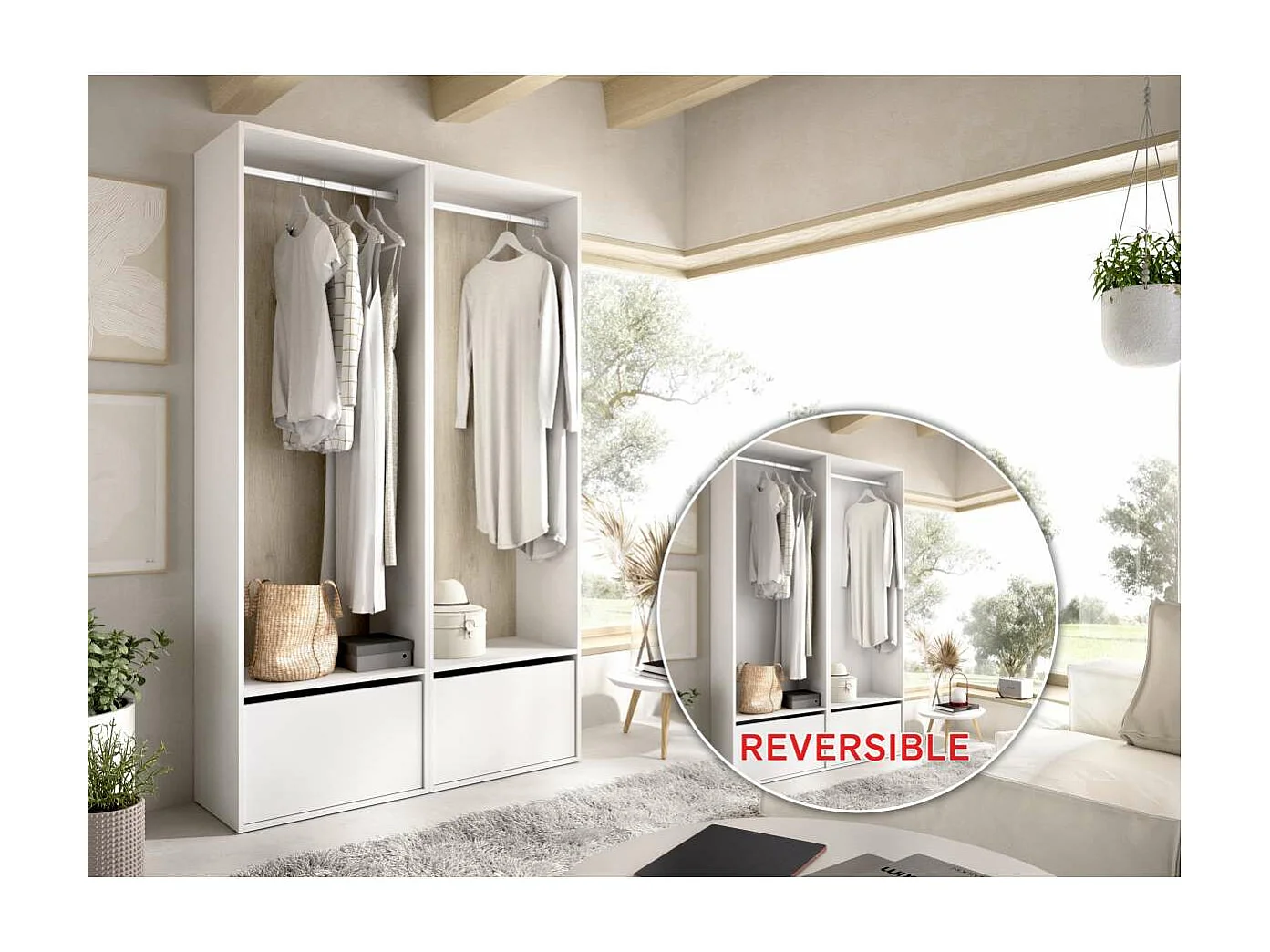 Vestidor Reus 2 zapateros, trasera reversible en blanco/natural, 205cm(alto) 120cm(ancho)