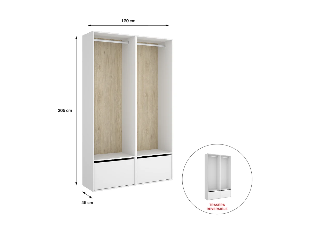 Vestidor Reus 2 zapateros, trasera reversible en blanco/natural, 205cm(alto) 120cm(ancho)