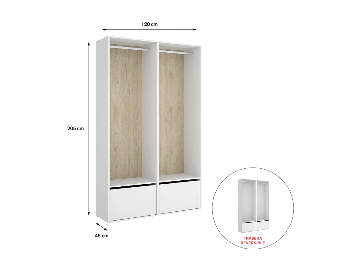 Vestidor Reus 2 zapateros, trasera reversible en blanco/natural, 205cm(alto) 120cm(ancho)