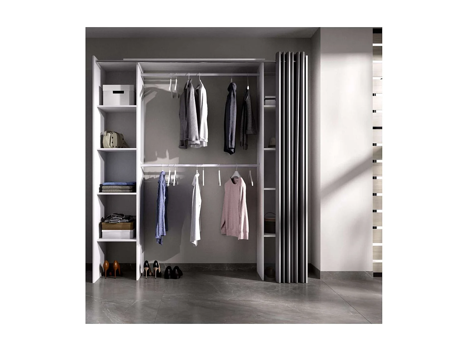 Vestidor Siles para dormitorio con cortina y baldas en blanco 205-203 cm(alto)180 cm(ancho