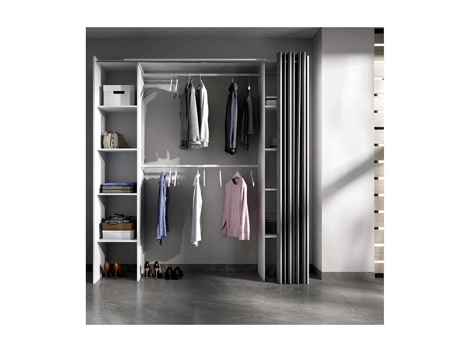 Vestidor Siles para dormitorio con cortina y baldas en blanco 205-203 cm(alto)180 cm(ancho