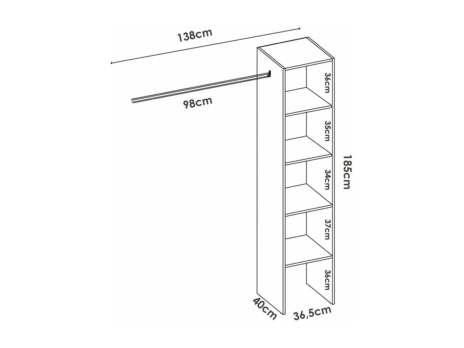 Vestidor de rincón  Luz color Blanco 226cm (ancho) 79.4 cm (fondo) 185 cm (alto)