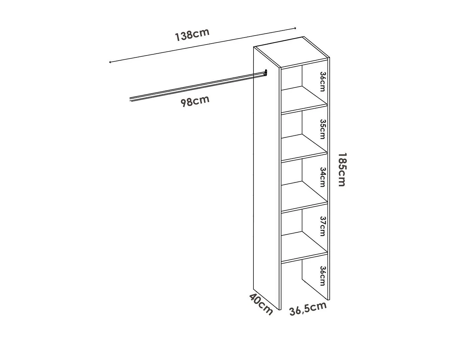 Vestidor de rincón  Luz color Blanco 226cm (ancho) 79.4 cm (fondo) 185 cm (alto)