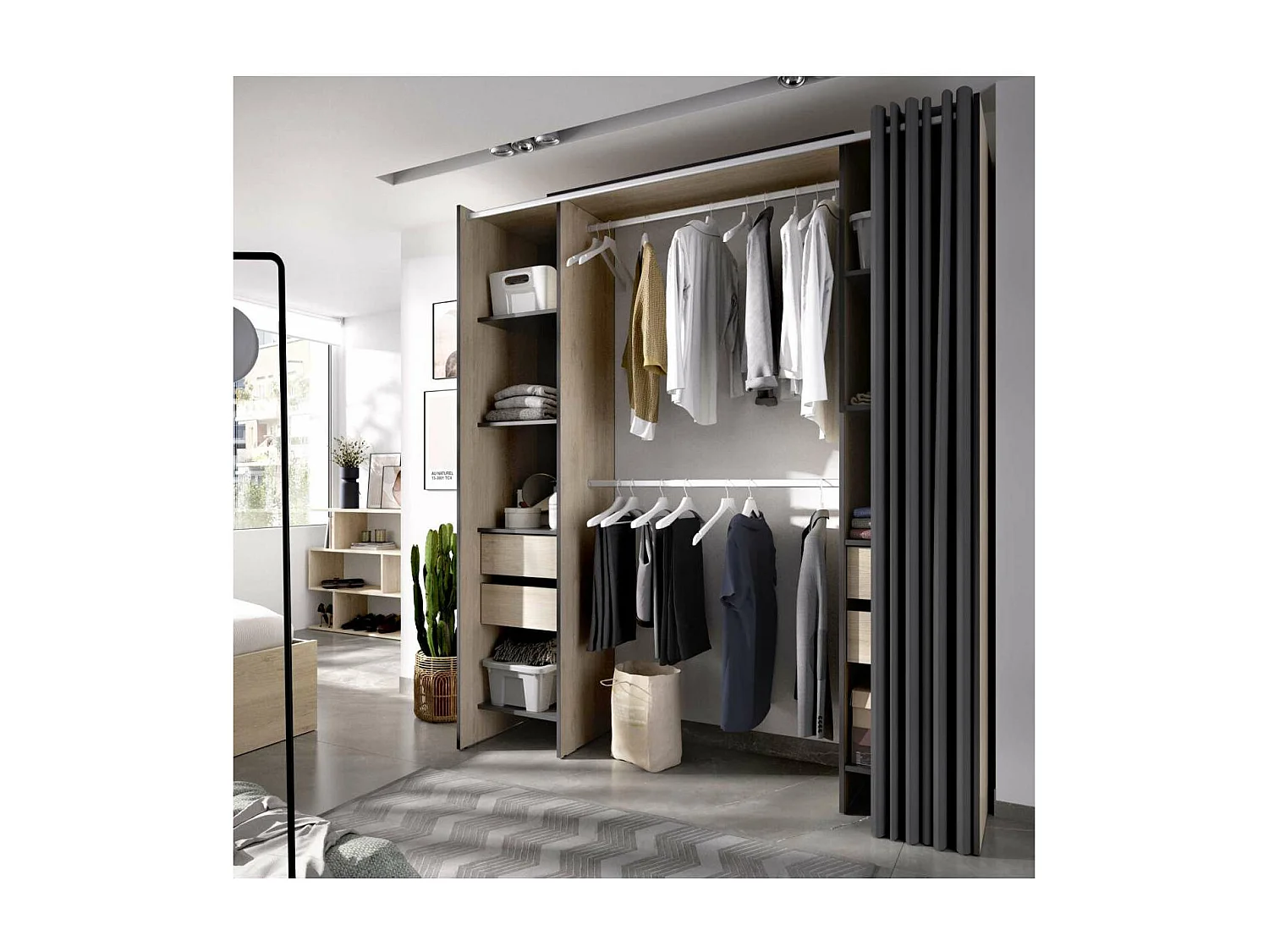 Vestidor Siles con cortina y baldas acabado natural/grafito 203 cm(alto)180 cm(ancho)50 cm