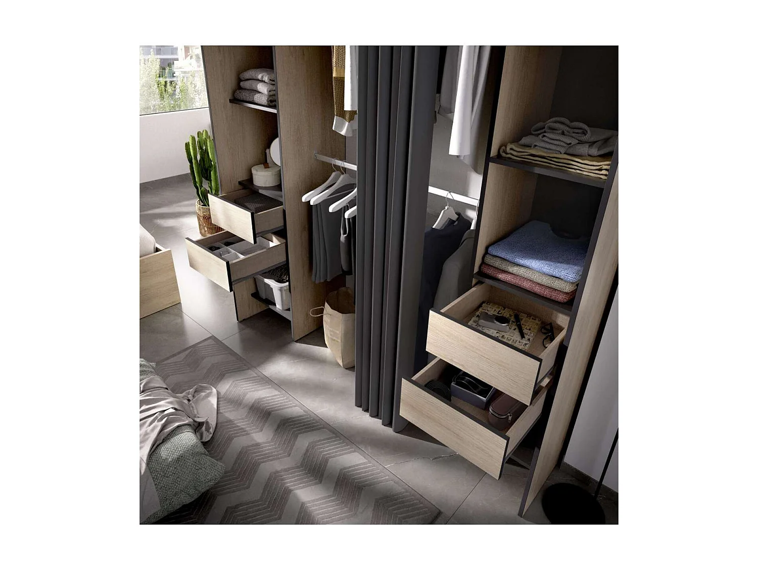 Vestidor Siles con cortina y baldas acabado natural/grafito 203 cm(alto)180 cm(ancho)50 cm