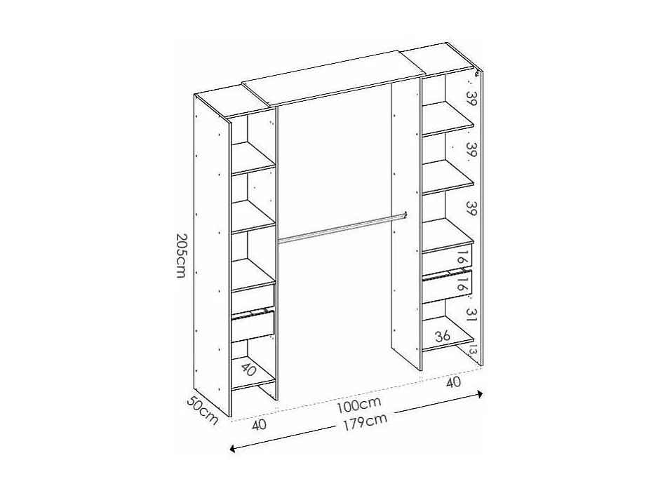 Vestidor Siles con cortina y baldas acabado natural/grafito 203 cm(alto)180 cm(ancho)50 cm
