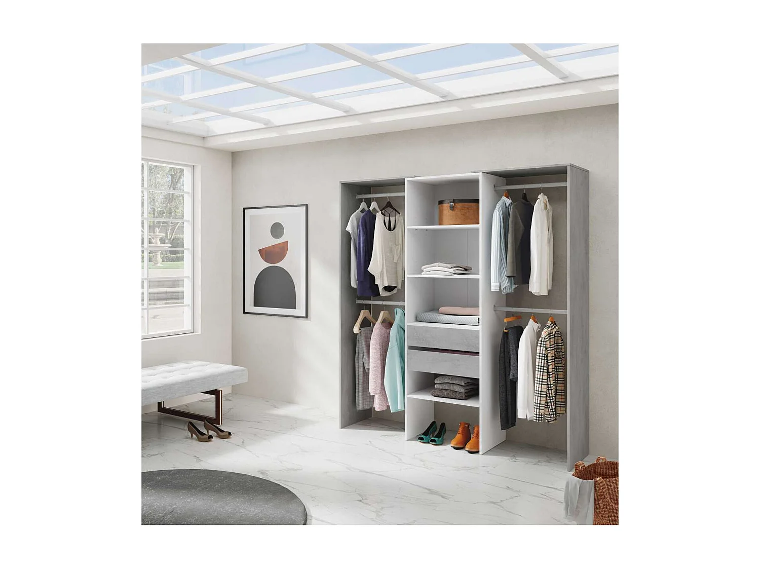 Vestidor para dormitorio con baldas y dos cajones acabado blanco artik/cemento, 202cm(alto